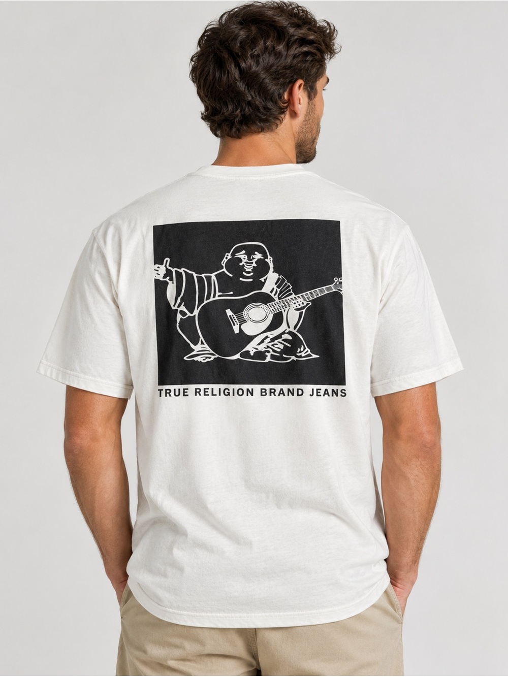 True Religion Men's White T-Shirt Buddha Guitar Back Graphic Crewneck Size L